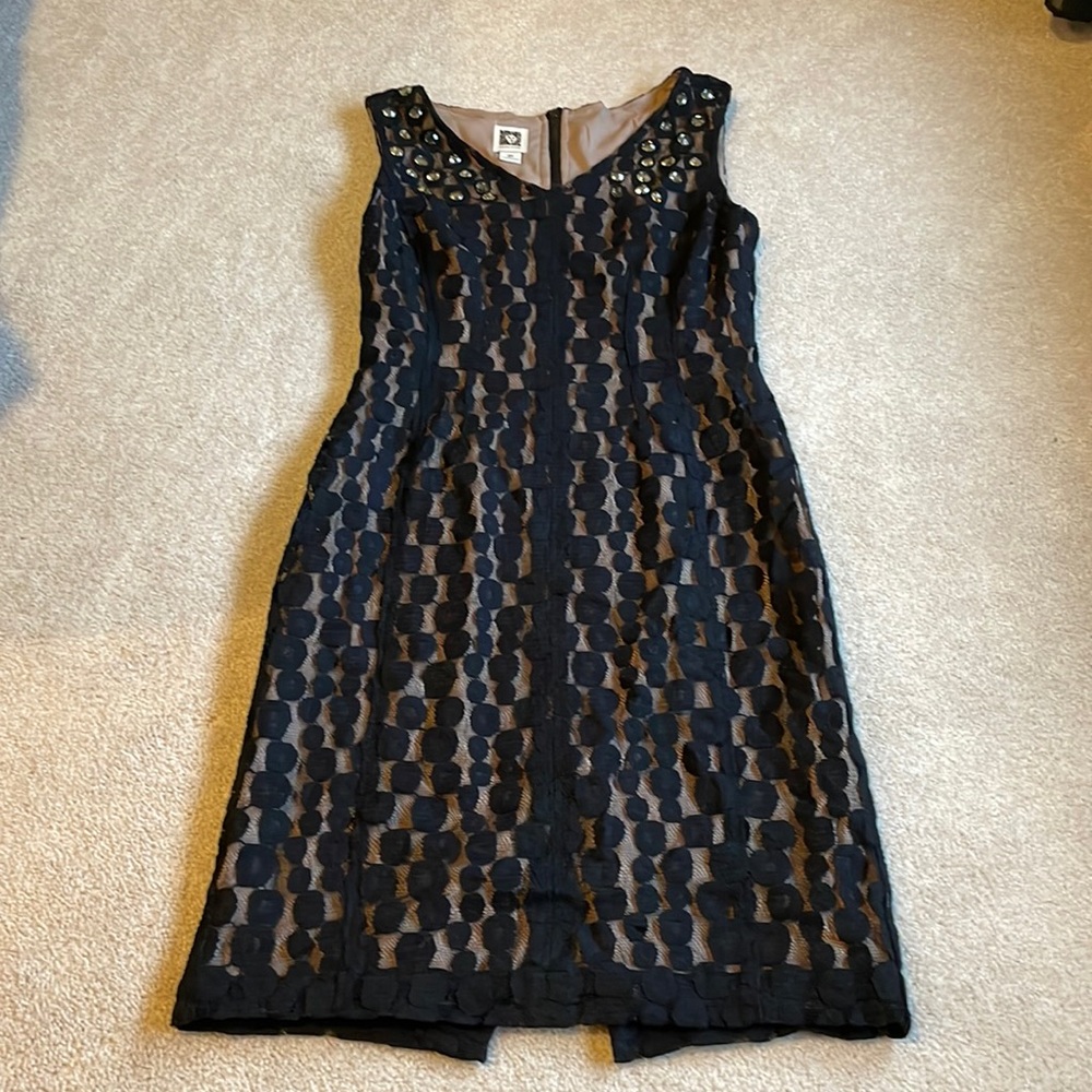 Black lace Anne Klein cocktail dress with v neck and rhinestone detailing